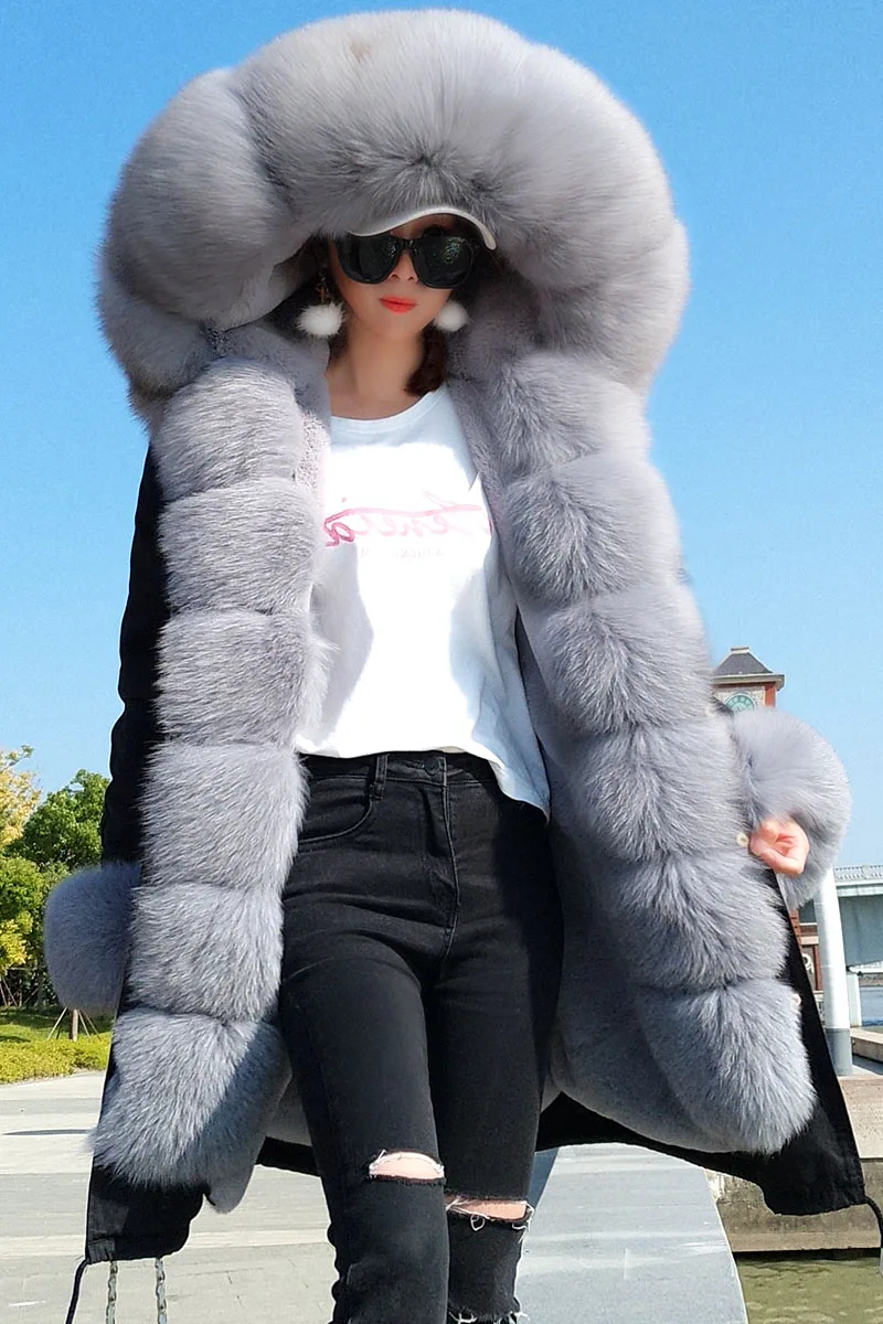 Luxury big fox fur collar hooded Warm winter jacket for 40 degree winter coat women parka Real Fox Fur Collar Cuff Hooded Coat