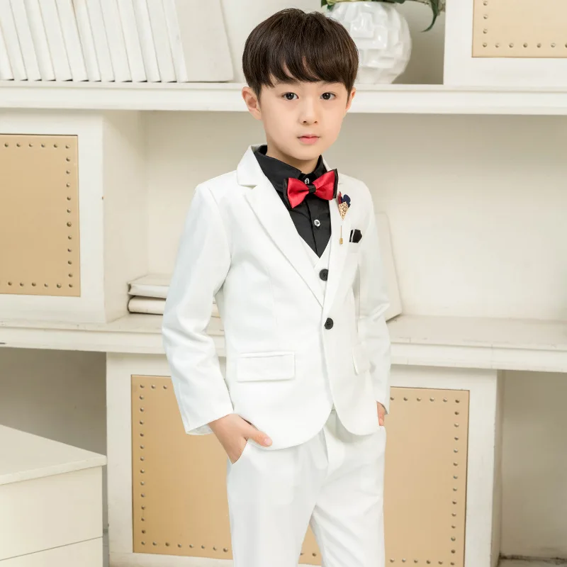 white 3pcs Смокинг в европейском и американском стиле, детский деловой костюм свадебный черно-белый костюм для мальчиков с цветочным узором, праздничная одежда для мальчиков на день рождения - Цвет: white 3pcs