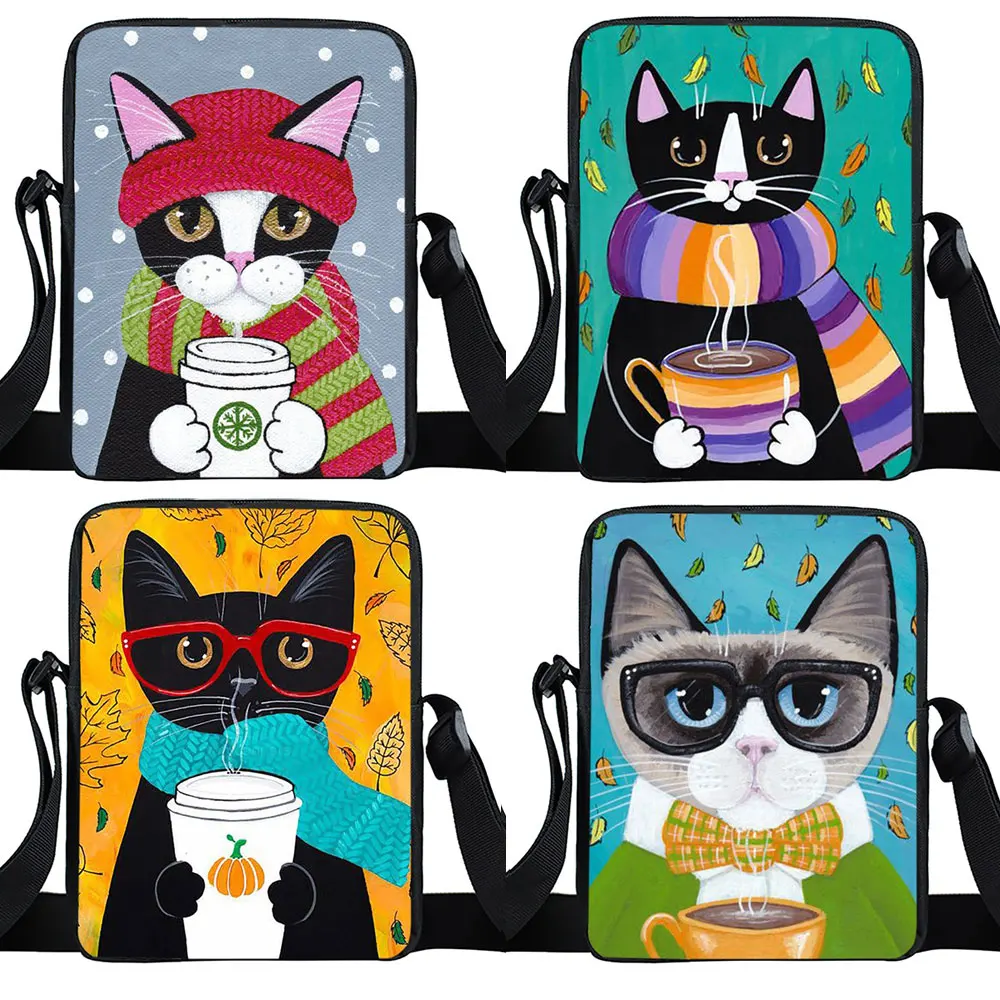 Kawaii Coffee Cat Messenger Bag Cartoon Cute Kitten Cross Bags Women