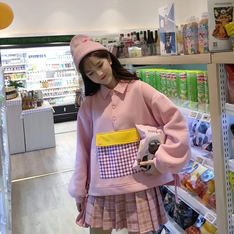 Осенние милые женские толстовки Harajuku в клетку с большим карманом в консервативном стиле, свитер с отложным воротником, пуловер, топы