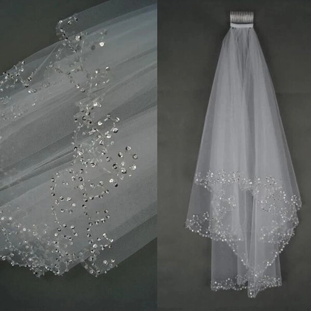 Elegante curto véu de casamento com pente duas camadas tule frisado borda véu nupcial branco marfim acessórios de casamento