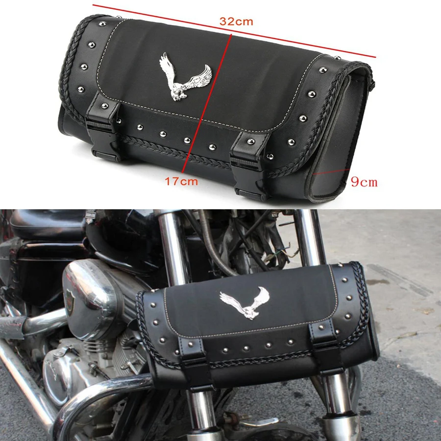 Universal Black PU Leather Motorcycle Fork Tool Luggage Pouch Eagle Pattern Rivet Style Retro Motorbke Side Saddle Storage Bags