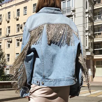 

2020 Spring New Denim Jacket Tassels Sequins Women's Jeans Loose Jeans Jacket Shimmer Beading Coat Casual Girls Outerwear 2043
