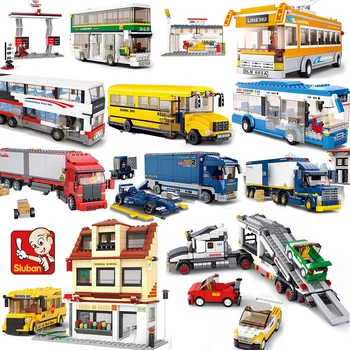 

sluban city vehicle Container car garbage trucks oil tank double-decker school bus wash sets model building blocks brick kid toy