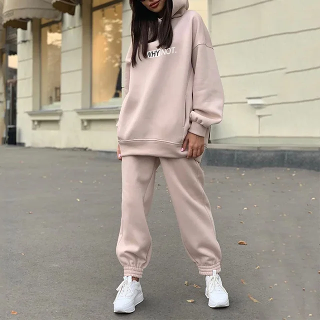Two Piece Set Casual Fleece Tracksuit Women Winter 2021 Women's Sets Oversized Hooded Long Sleeve Hoodie Sport Pants Lady Suit 03 Apricot Print