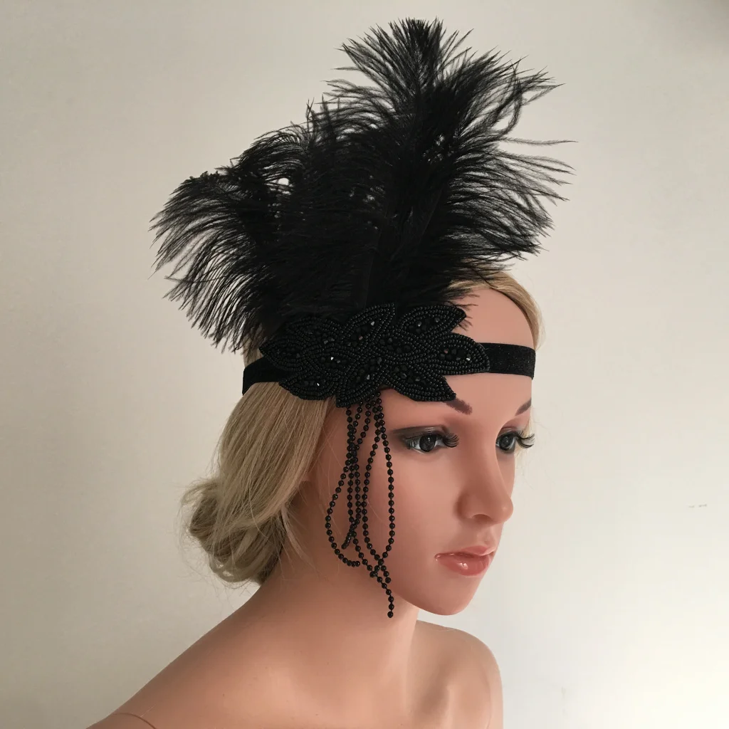 Vintage Elegant Bridal Headpiece Black Plume Headband Beads Tassel Wedding Headpiece Flapper Dress Up