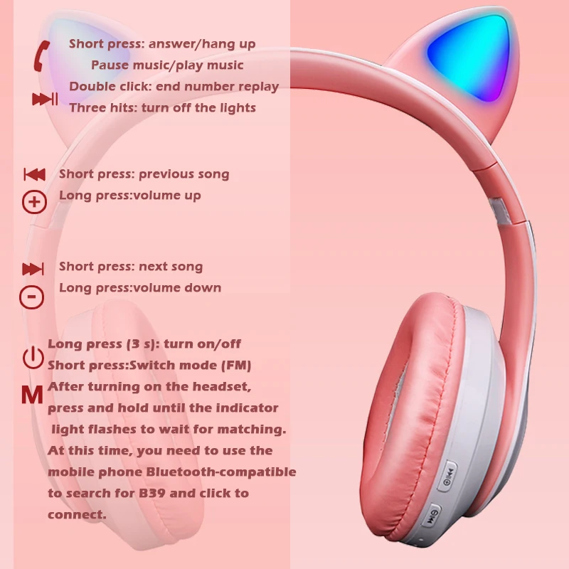 Fones de Ouvido de Gatinha Fone sem Fio Compatível com Bluetooth Fone de Ouvido Dobrável com Microfone Presente para Meninas e Crianças Cor-de-rosa Estéreo Música - Image 4