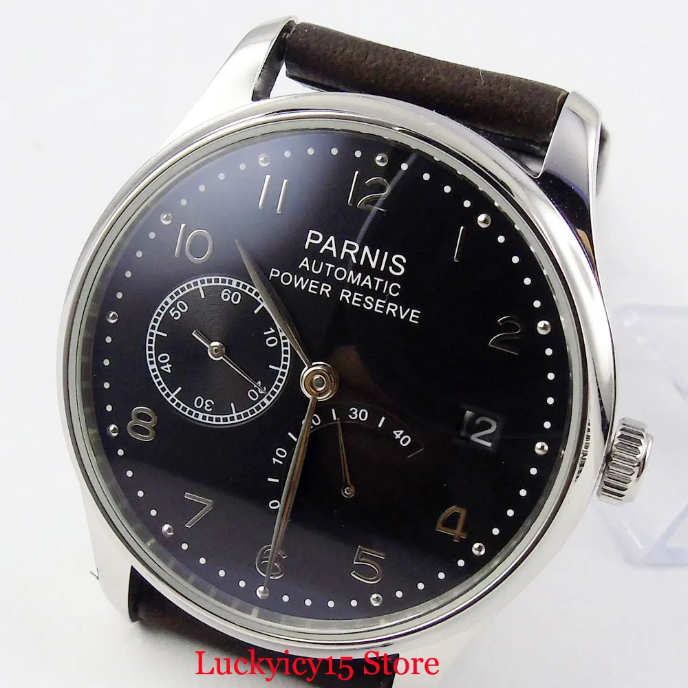 

PARNIS Brand 43mm Black Dial Black/Brown Leather Strap Power Reserve Indicator Polished Case Automatic Men's Watch