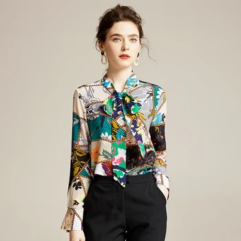 

Office Lady Bow 100% Natural Silk Blouses Tops Elegant Fashion Long Sleeve Vintage Print Real Pure Silk Women Shirt Blouse Slim