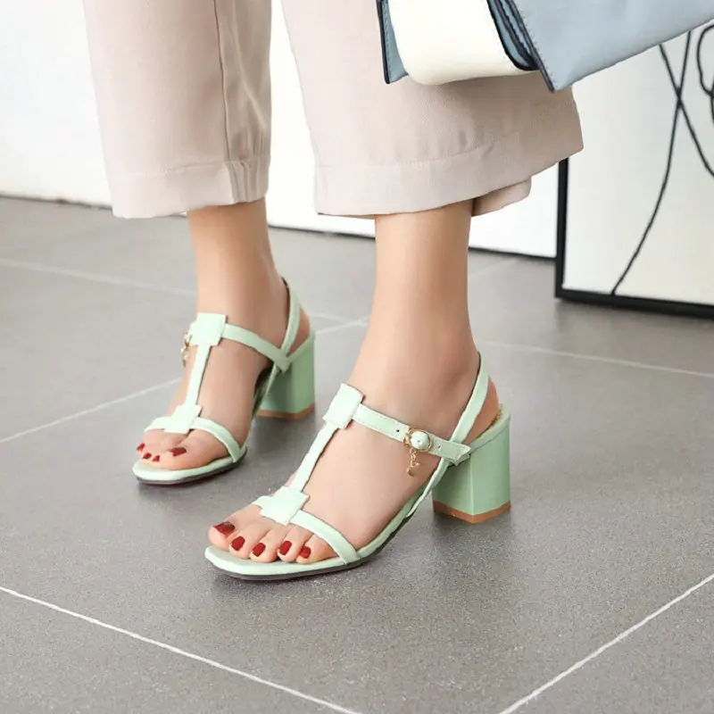 

ZawsThia 2020 summer PU open toe violet mint gren chunky high heels buckle strap ladies pumps sandals slingback women sandals