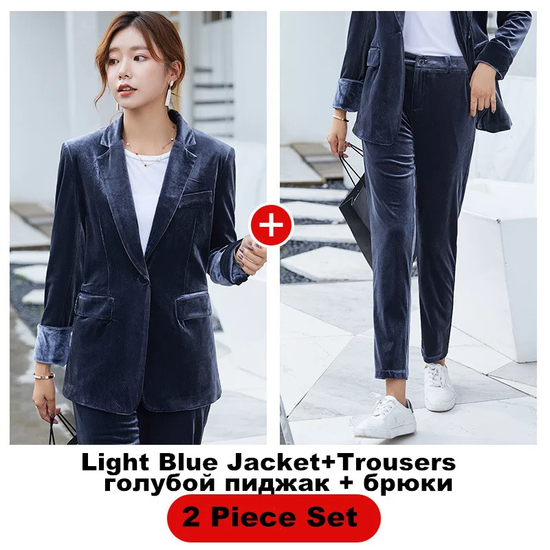 light blue pant suit Женский пиджак золотого цвета, бархатная куртка, пальто для женщин, зима, новая Корейская версия, темперамент, офисный Женский блейзер, костюм ow0530 - Цвет: light blue pant suit