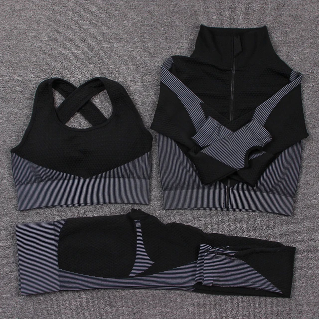 3 Pieces Set Seamless Sport Set Women Running Gym Clothing Tracksuit Sportswear Crop Top Yoga Pant