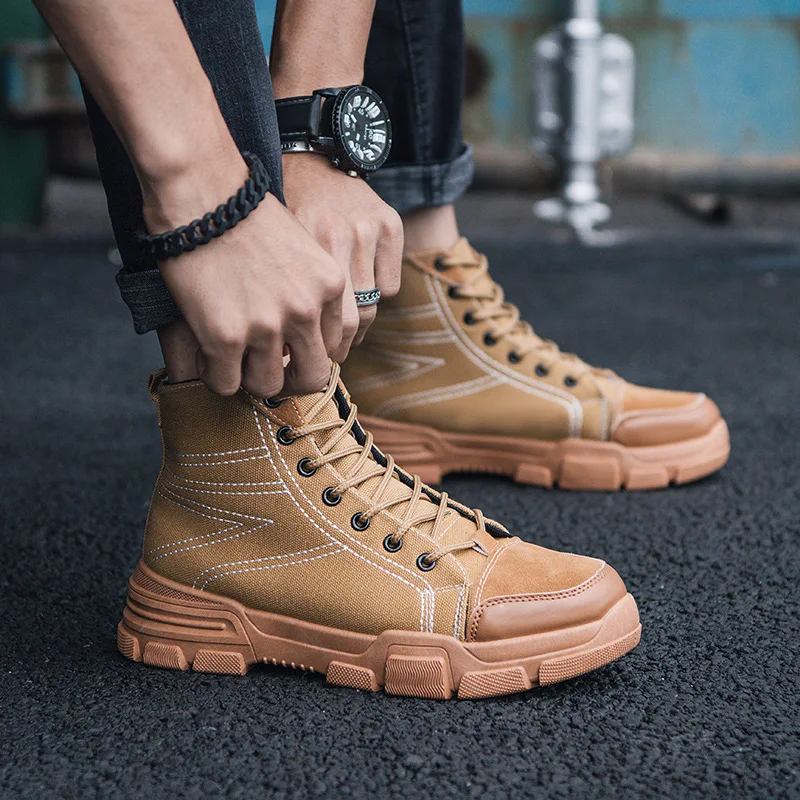 Men's Fashion Denim Canvas Boots Top Quality Men Thick Sole Short Boots Casual Outdoor Male Tooling Shoes Working Boots High Top