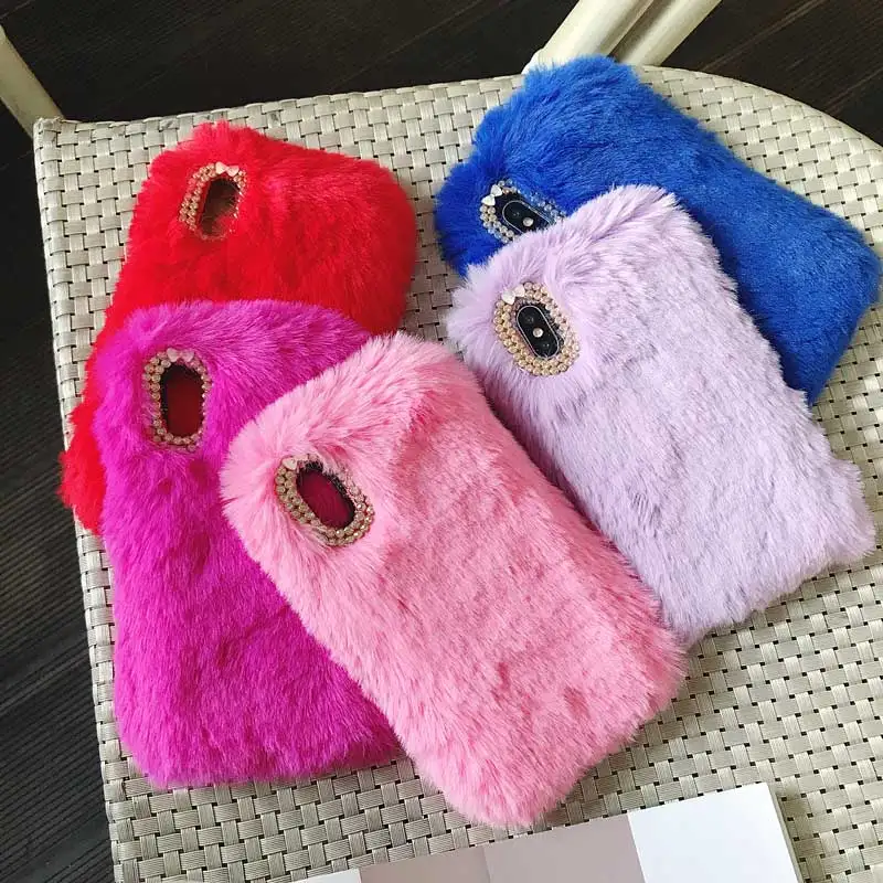 

Cute Warm Rabbit Fur Plush diamond Phone Case For iPhone 11 Pro Max Xs max XR 6 6S 7 8 Plus 5 5S SE Lovely Furry Soft Cover