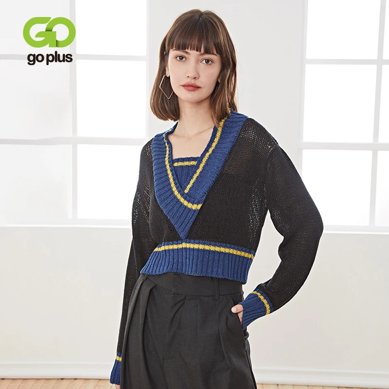 

GOPLUS Woman Sweaters Vintage V-Neck Patchwork Sweater Short Knit Pullovers Pull Femme Kobieta Swetry Vrouw Dames Truien C10772