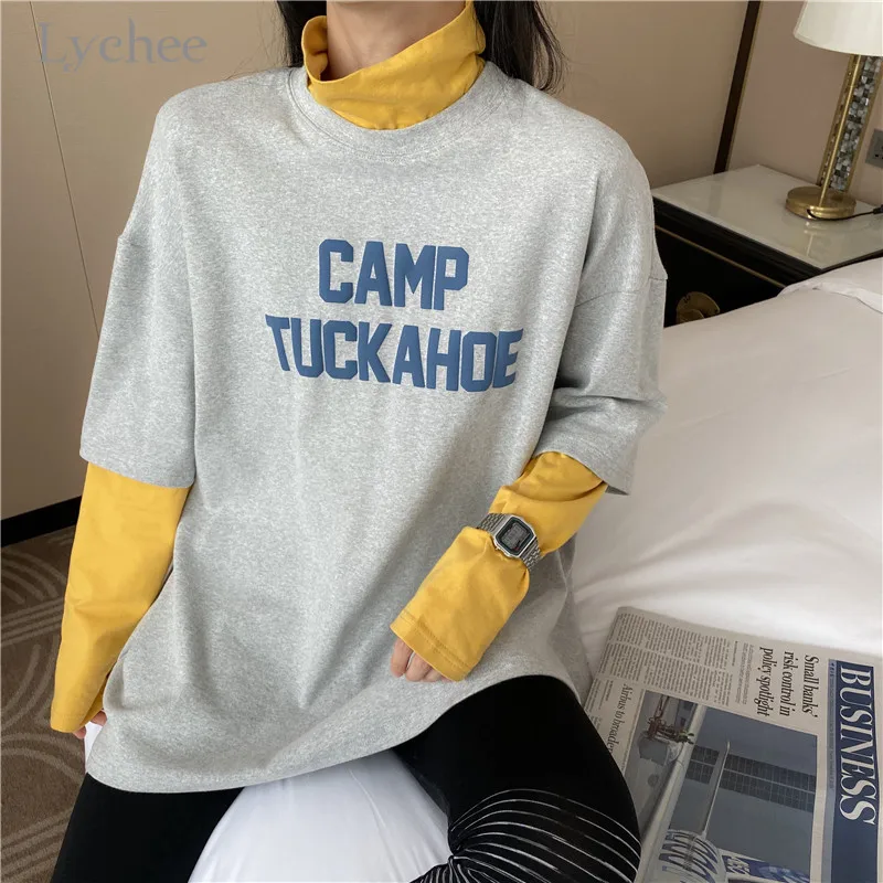 Lychee Harajuku с буквенным принтом женская футболка водолазка Поддельные 2 шт. женские пуловеры Топы повседневные весенние женские футболки