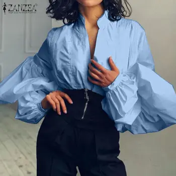 

Stylish Women Puff Long Sleeve Blouse ZANZEA Spring V Neck Solid Shirt Femme Robe Buttons Down OL Work Blusas Casual Tunic Tops