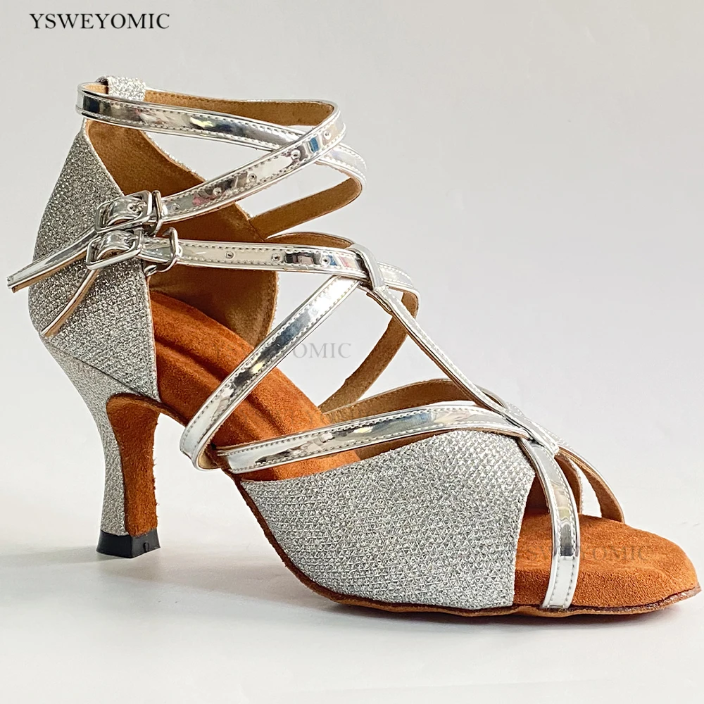 Dance Shoes 2022 Spring Style  Silver Shiny Glitter Salsa Dance Shoes Women Indoor Outdoor Soft insole Latin Dance Party Shoes