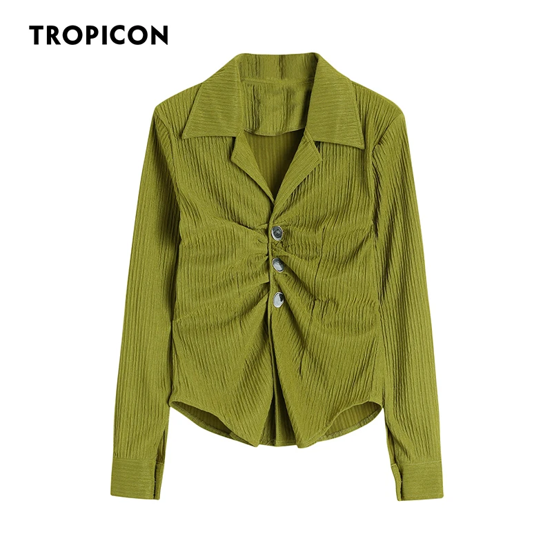

TROPICON Texture Green Ruched Lapel Button Up Shirt For Women Korean Fashion Blouse Ladies Designer Top Long Sleeve Shirt Autumn