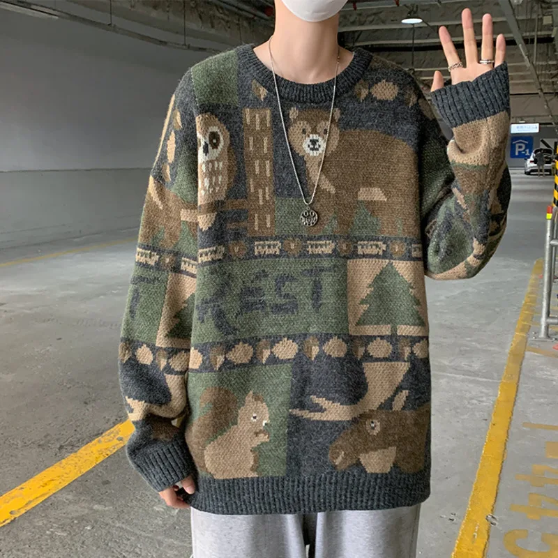 ZAZOMDE Winter Sweaters Men Casual Round Neck Bear Pattern Retro Mens Pullovers Hip Hop Couple Sweater High Street Pullover 2021