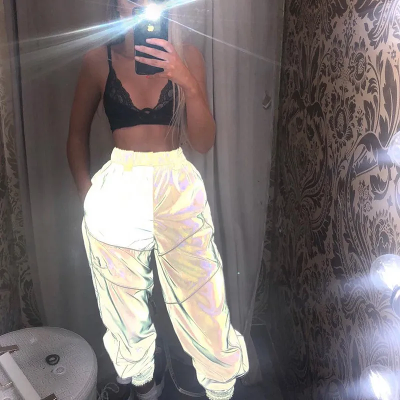 New Flash Reflective Jogger Pants Autumn Winter Women Casual Gray Solid Streetwear Trousers Strip Sweatpants Hip Hop Harem Pants