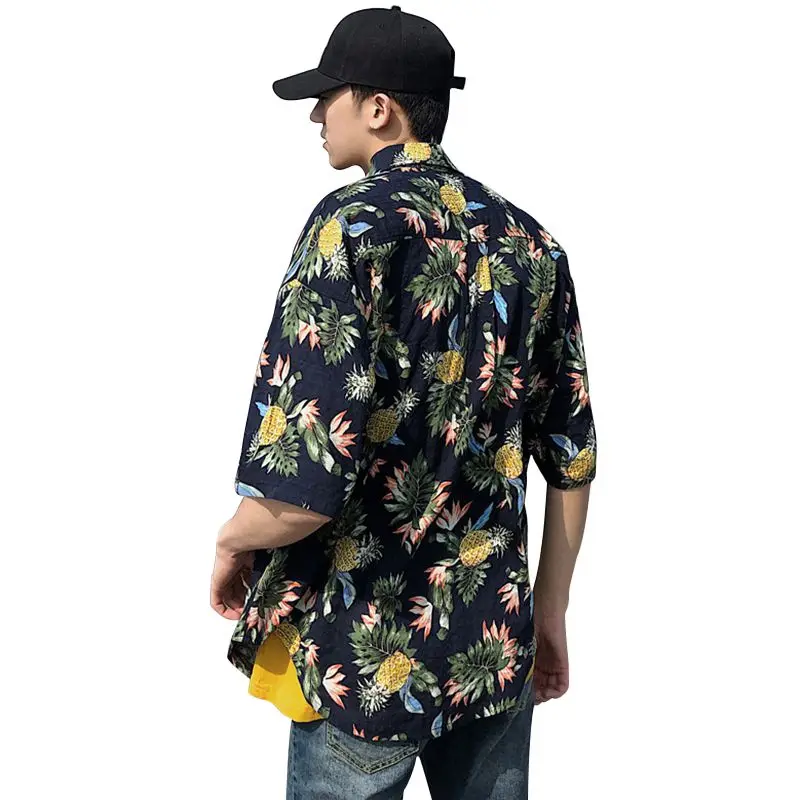 Men Fashion Summer Shirts Leaves Flower Pineapple Print Loose Short Sleeve Shirt Male Hawaiian Style Beach Shirt x