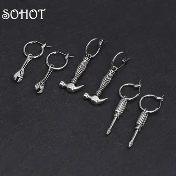 

SOHOT Cute Tool Man Drop Earrings Chic Silver Color Screwdriver Hammer Wrench Shape Pendant For Unisex Punk Jewelry Brincos
