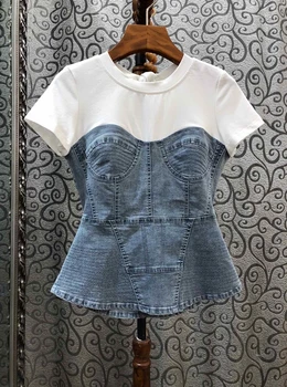 

2020 Early Spring New Women's round Neck Denim Color Panel Short Sleeve A- line Swing Short-Sleeved Top 407