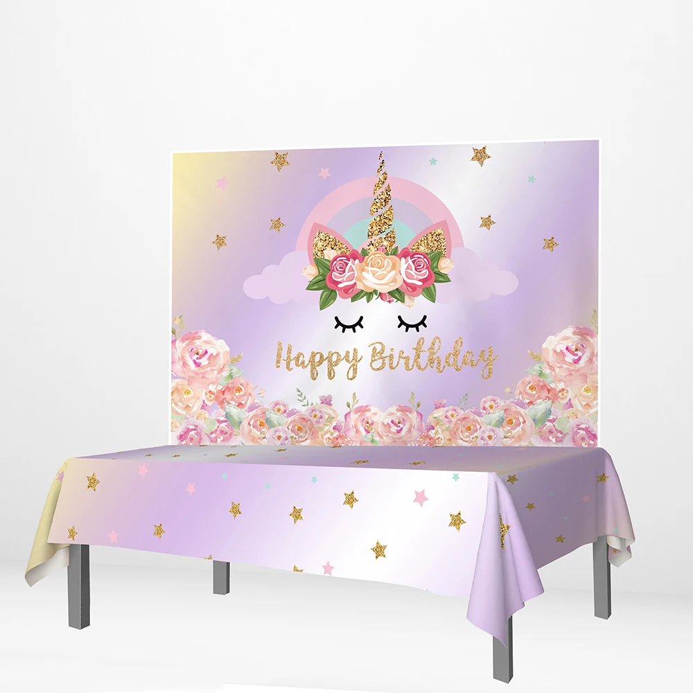

Allenjoy Colorful DIY Tablecloth Unicorn Flowers Rainbow Star Dot Glitter Bokeh Photocall Wall Decor Child Birthday Party Banner