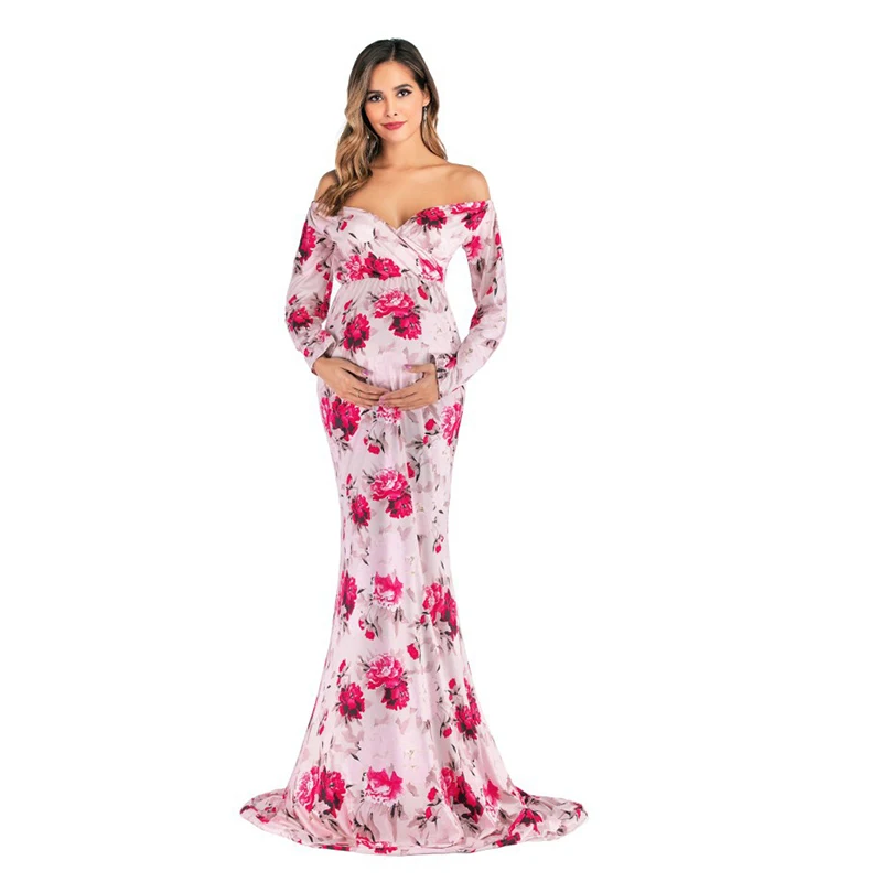 Shoulderless Maternity Dresses Floral Long Pregnant Women Pregnancy Dress Photography Props Maxi Maternity Gown For Photo Shoots (1)