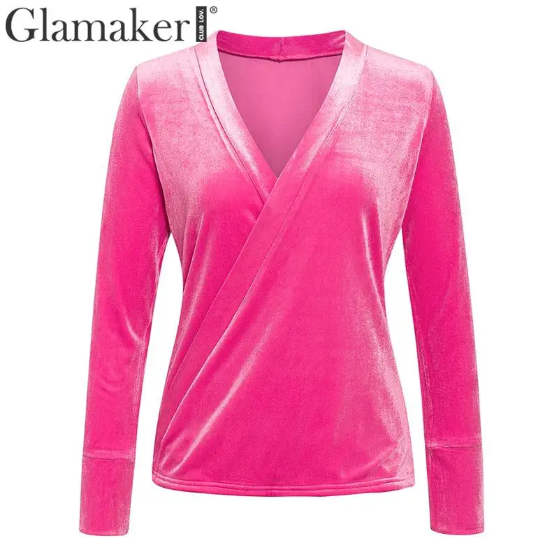 Glamaker бархатная женская рубашка, блузка, топ, женские сексуальные рубашки с v-образным вырезом feminina, Женский Топ, корейская мода, блуза с длинными рукавами, рубашка