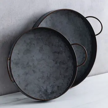 

Metal Vintage Bread Tray European Round Iron Tray Plate With Handle Home Decoration Garden Restaurant Table Decoration