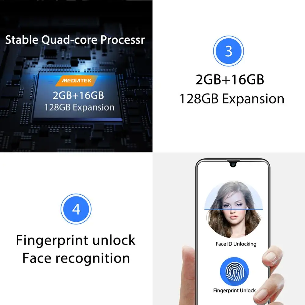 OUKITEL C16 5.71" HD+ 19:9 Android 9.0 Smartphone WaterDrop Fingerprint Mobile Phone MT6580P 2G RAM 16G ROM 2600mAh Unlock