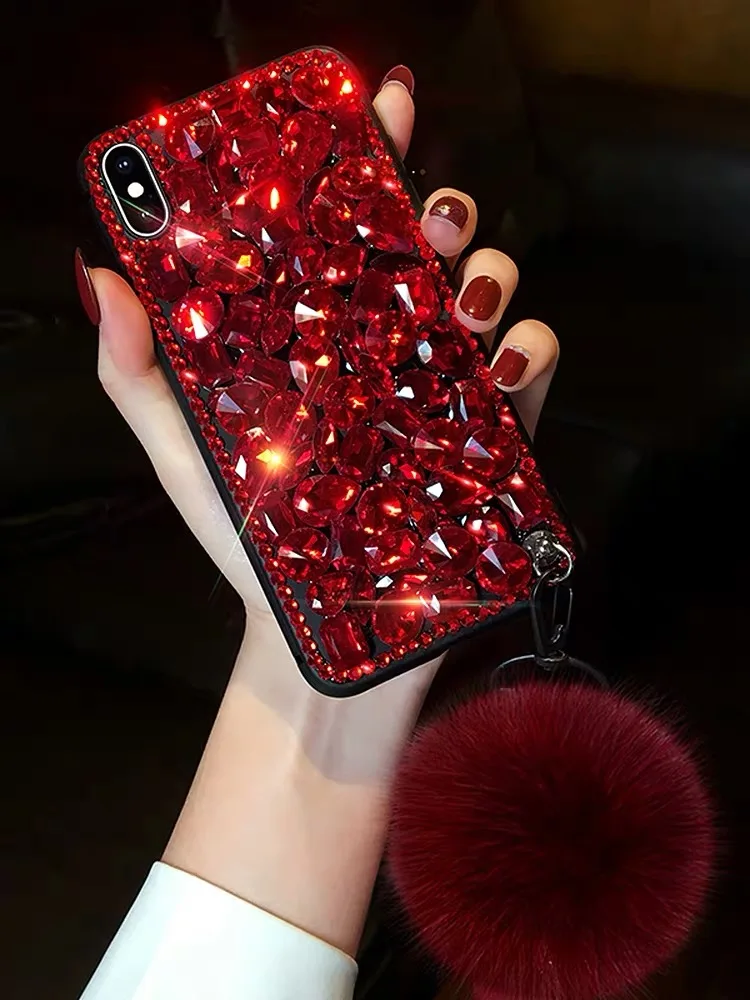 Newiphone mobile phone case girl full diamond ruby personality trendy XS MAX pro luxury noble hair ball lanyard silicone sleeve | Мобильные