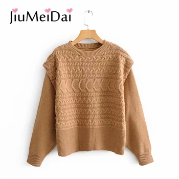 

JiuMeiDai Women Splice Sleeves O-Neck Pullover Sweater Female Spring Warm Plus Size Loose Korean Casual High Quality Sweaters