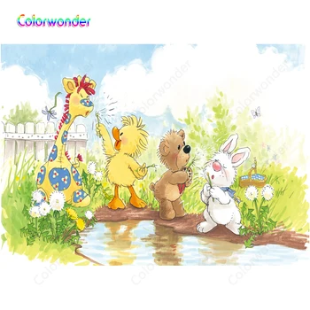 

Cartoon Newborn Baby Shower Backdrops Jungle Animals Painted Rabbit Duck Bear with Giraffe Dandelion Spring Scenery Backgrounds