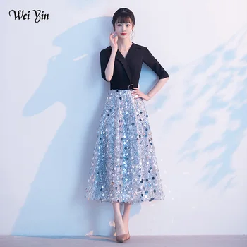 

wei yin AE0431 Black Mother Of The Bride Dresses V Neck Half Sleeves Lace Wedding Sequined Guest Dress Tea Length Evening Gowns