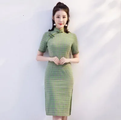 Sheng COCO Chinese Clothing Plaid Short Qipao Cheongsam Dresses Cotton Daily Lattice Traditional Cheongsam Women Retro Qi Chipao - Цвет: Зеленый