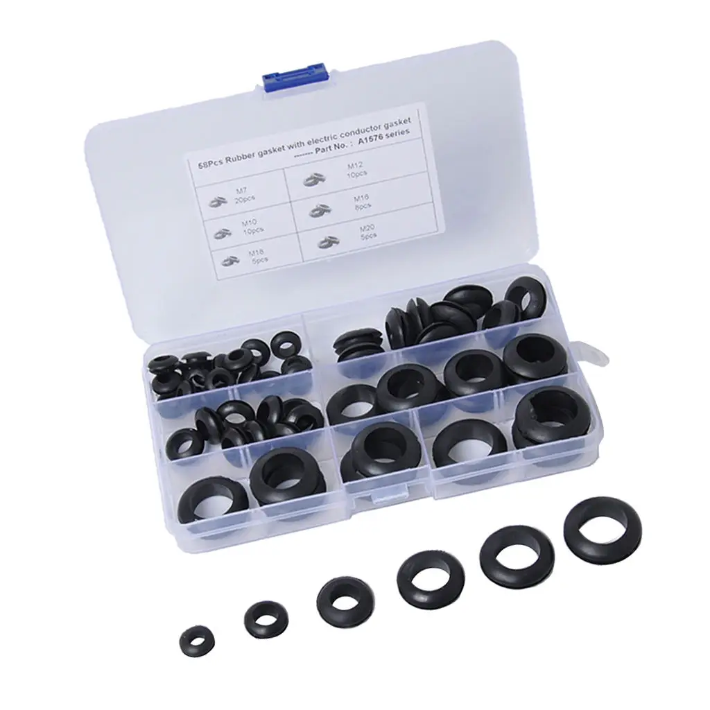 58 Pcs/Set 6 Kinds Double Sides O Ring Rubber Grommet Washer Gasket Seals Assortment Wiring Coil Gasket For Cables Wires