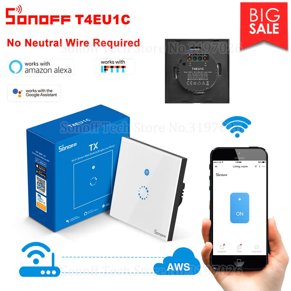 Smart-Touch-Switch Wall-Wifi Itead Sonoff No-Neutral-Wire Alexa Google Ewelink-Support