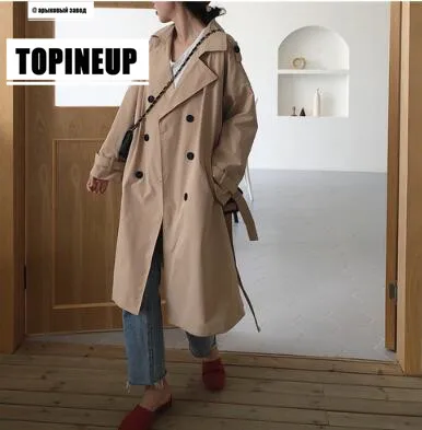 

2019 Trendy coral long trench coat new arrival spring autumn Korean style double breasted long khaki windbreaker