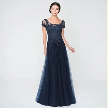 

Graceful Long Navy Blue A Line Scoop Neckline Mother of the Bride Dresses Lace Applique with Short Sleeves Wedding Party Gowns