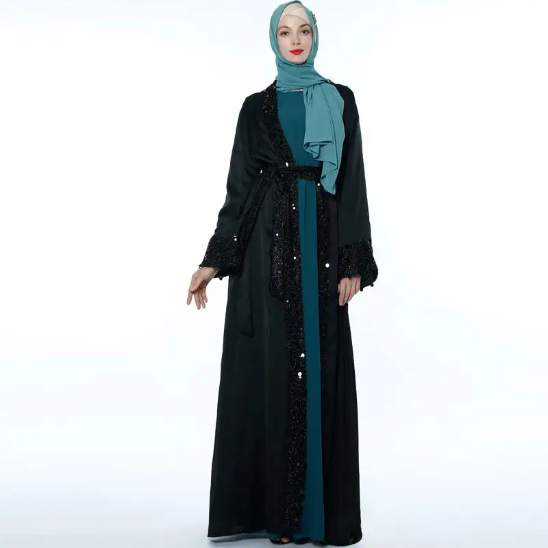 Мусульманские женщины Блестки abaya открытый Кафтан Дубай кимоно джильбаб кардиган атласное платье Исламская одежда арабский