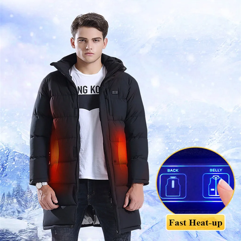 

Tide Smart USB Electric Heating Jacket Men High Qualtiy Solid Black Warm Down Zipper Male Top Hooded Thick Long Coat