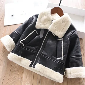 

Winter Children Faux Leather Suede Coat Black PU Leather Jacket Lambs Wool Fur Collar Jackets Shearling Coats 90-140cm
