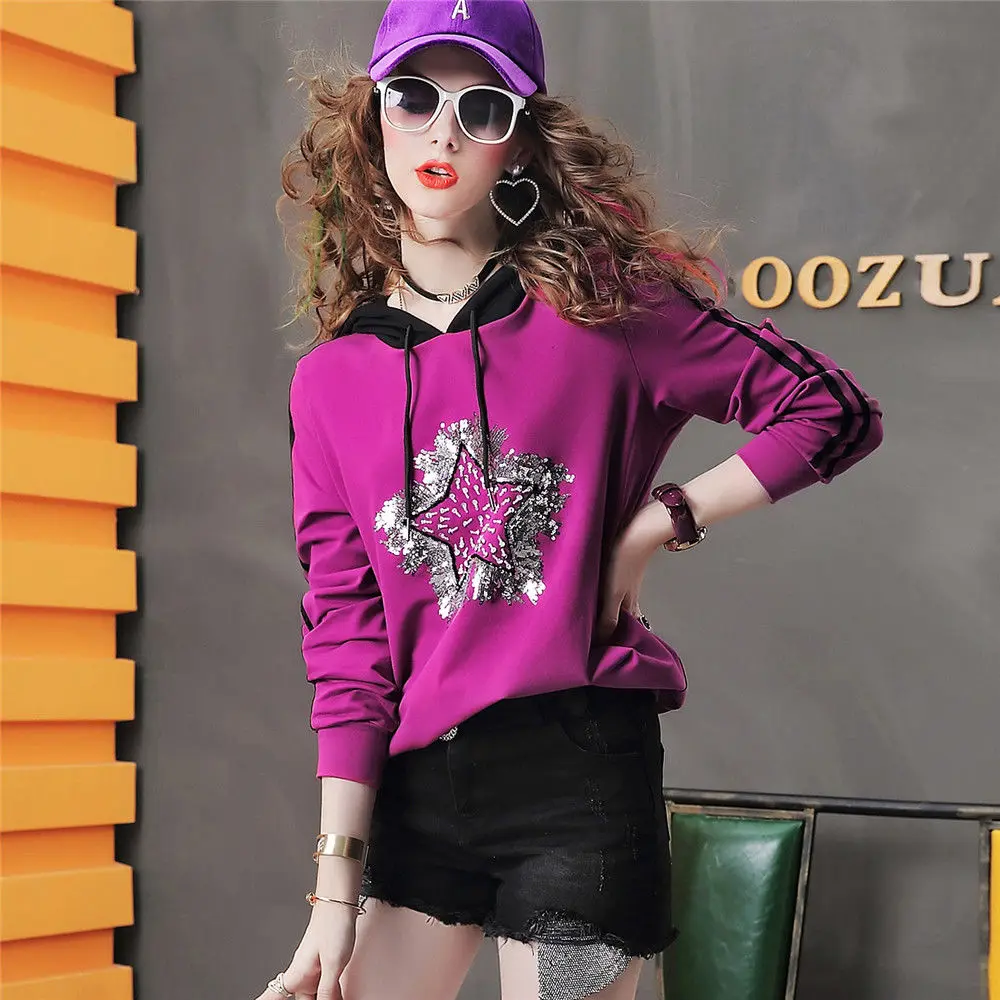 

Trendy Chic Hoodies Women Hooded Plus Velvet Thicker Long Sleeve Oversize Sequin Womens Hoodie Harajuku Style Sweatshirt