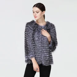 Huanhou queen silver fur fox coat women short,fashion and slim real fur jacket and coat O-Neck nine quarter.