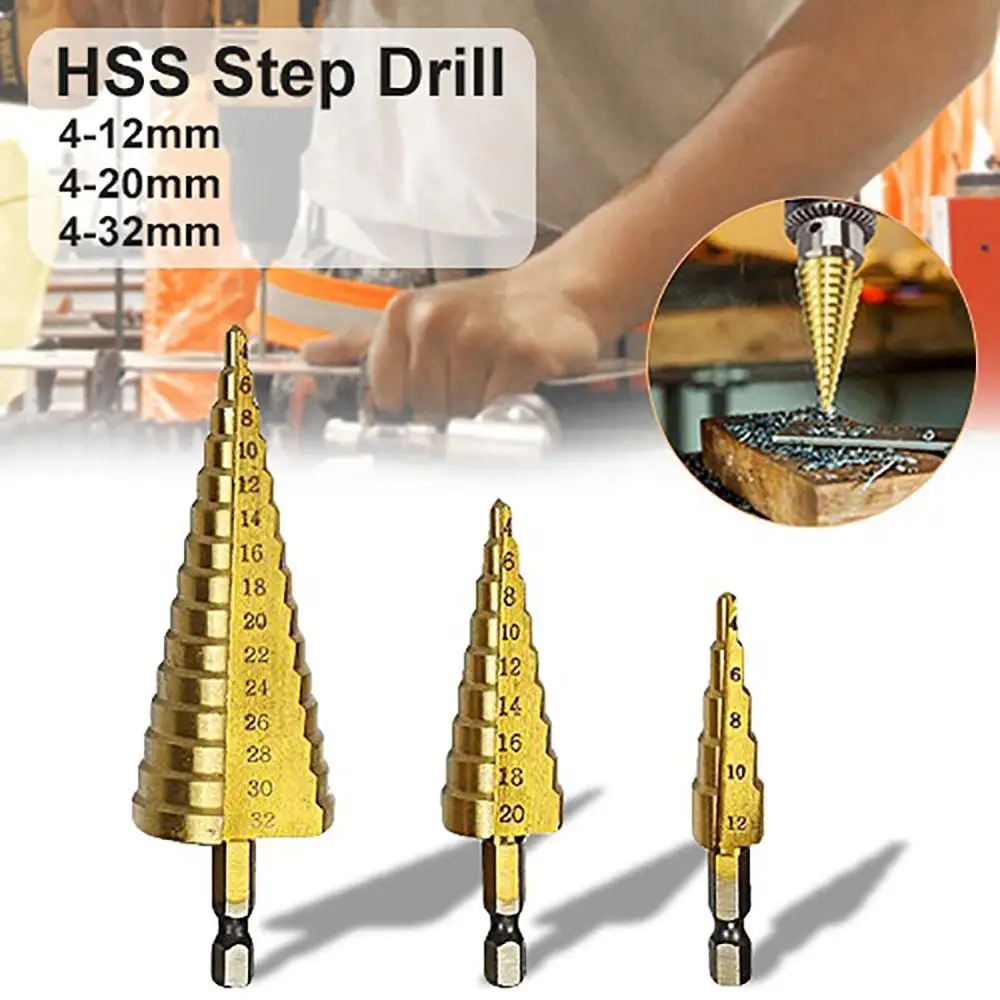 

4-12/20/32mm HSS Steel Large Step Cone Titanium Coated Metal Drill Bit Cut Tool Set Hole Cutter 40FP15