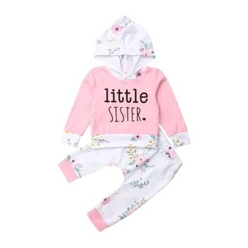 

Infant Baby Girl Warm Clothes Little Sister Tops Pink T-Shirt Flower Print Long Pants Outfit Toddlers Kids 2pcs Set
