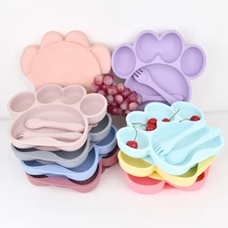 Baby Silicone Dishes Kids Tableware Set Children Cartoon Feeding Bowl Spoon Fork BPA Free Waterproof Non-Slip Dinnerware Trainin